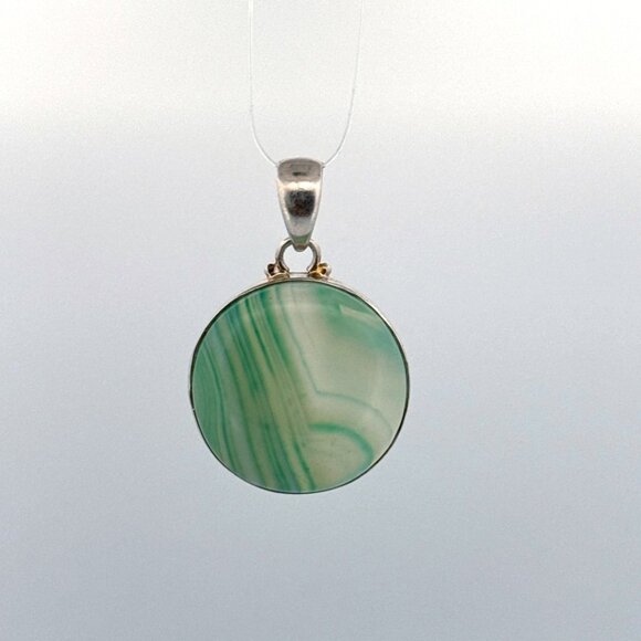 Estate Sterling Silver 925 Green Agate Round Pendant 1" No Chain 10g Vintage - Picture 1 of 8